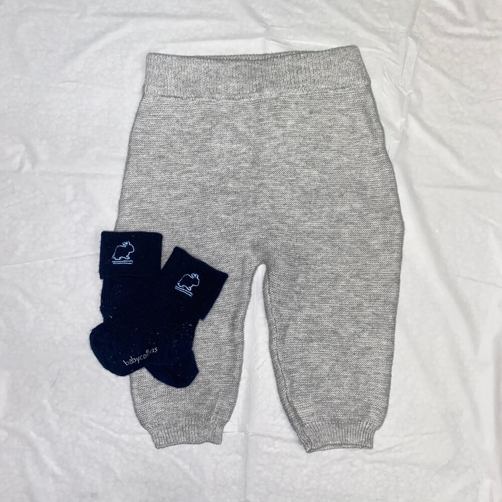 Babycottons Gray Knit Sweatpants Sweater Pants & Bunny Socks Size 3 Months